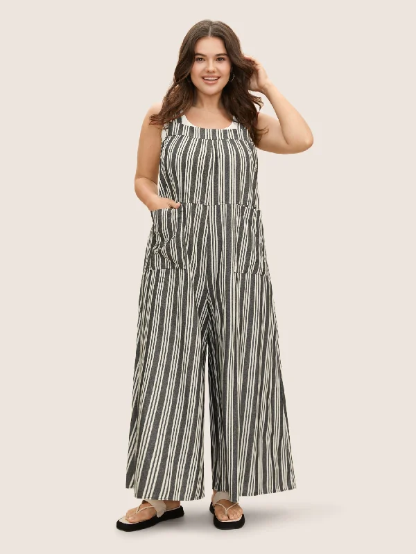 Cotton Striped Patched Pocket Loose Jumpsuit